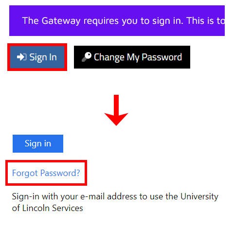 A Screenshot of the "Sign In" button as seen on the Gateway with an arrow pointing to the "Forgot Password?" button on the ADFS sign-in page.